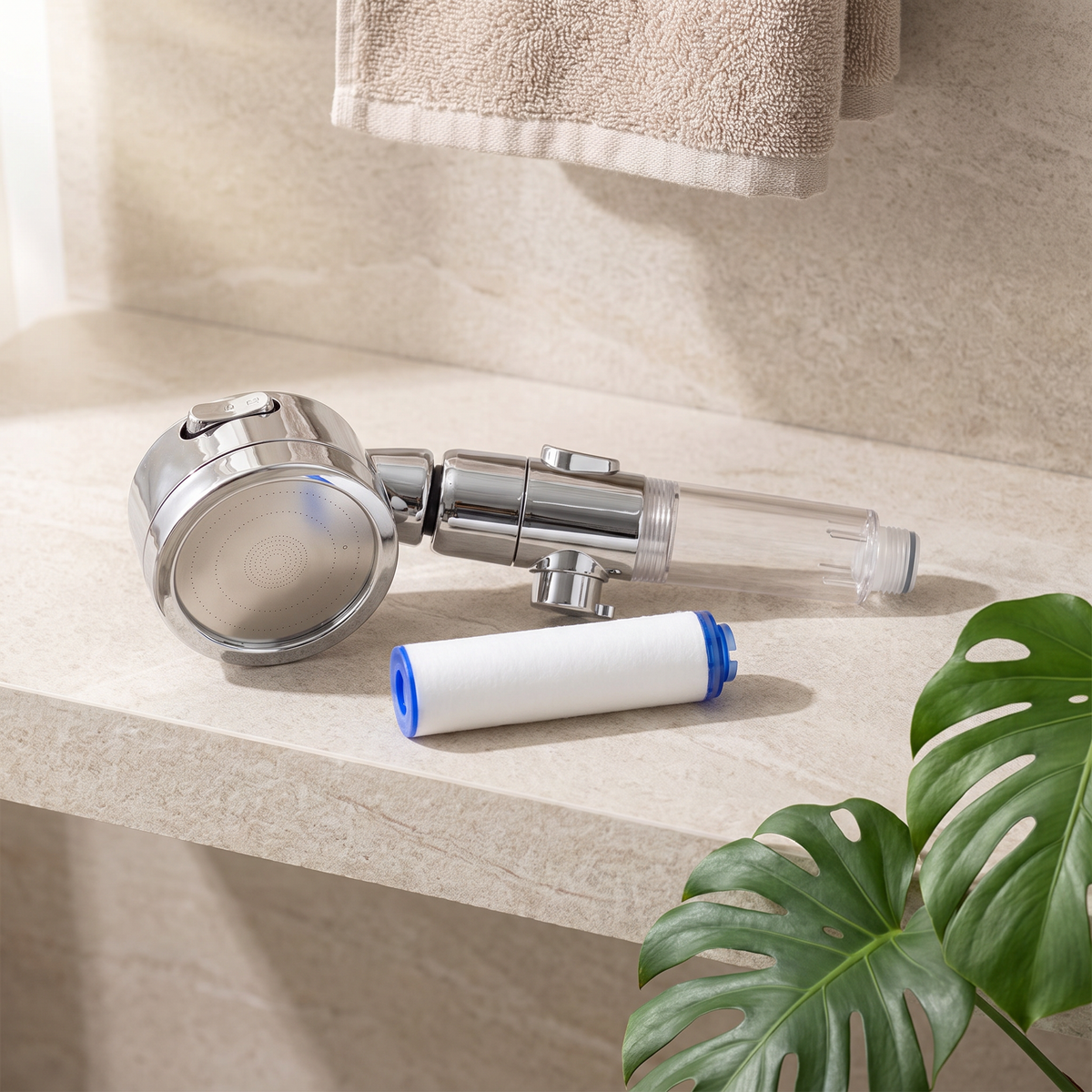 TrioRain filtered handheld shower head with its detached filter cartridge on a shelf