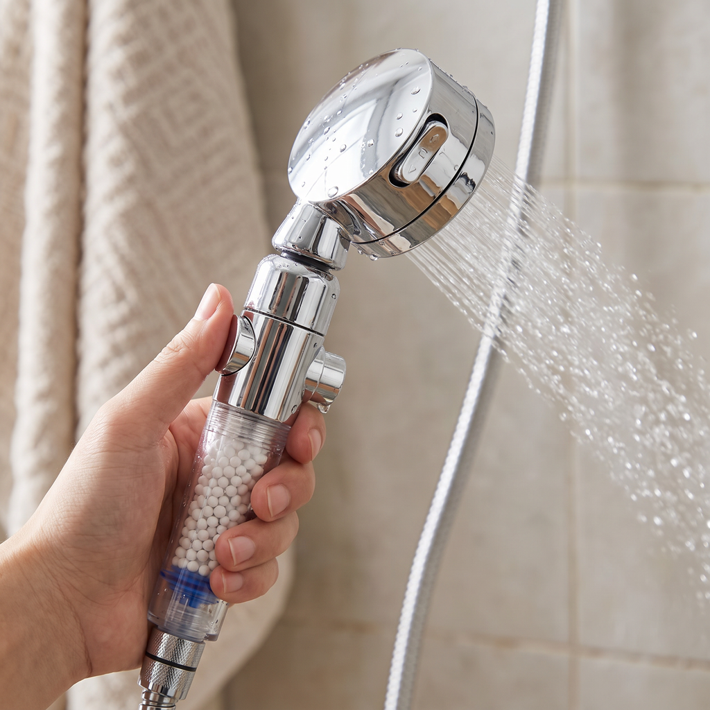 TrioRain shower head held in hand, attached to a shower hose